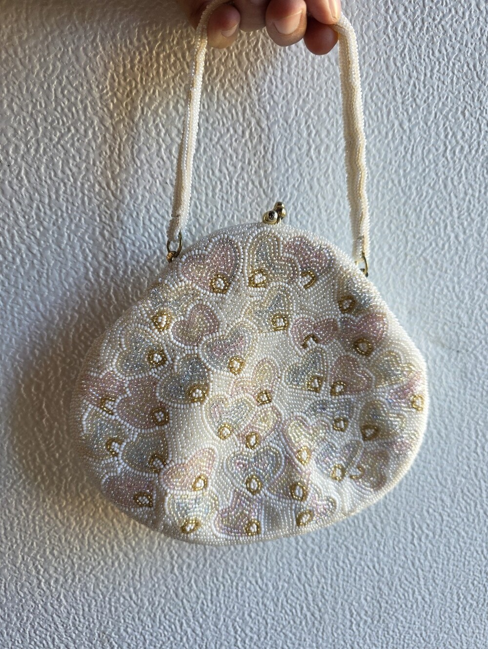 Vintage Lolita Kawaii Heart Beaded White Pink Floral Evening Bag Y2K Bridal Prom